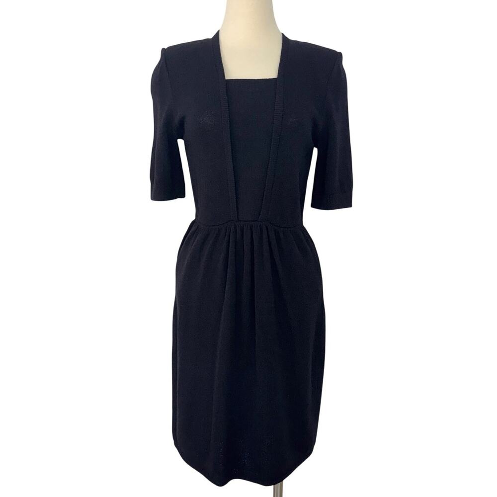 St. John Short Sleeve Sweater Sheath Dress Santana Knit Wool Black Sz. 8 Vintage